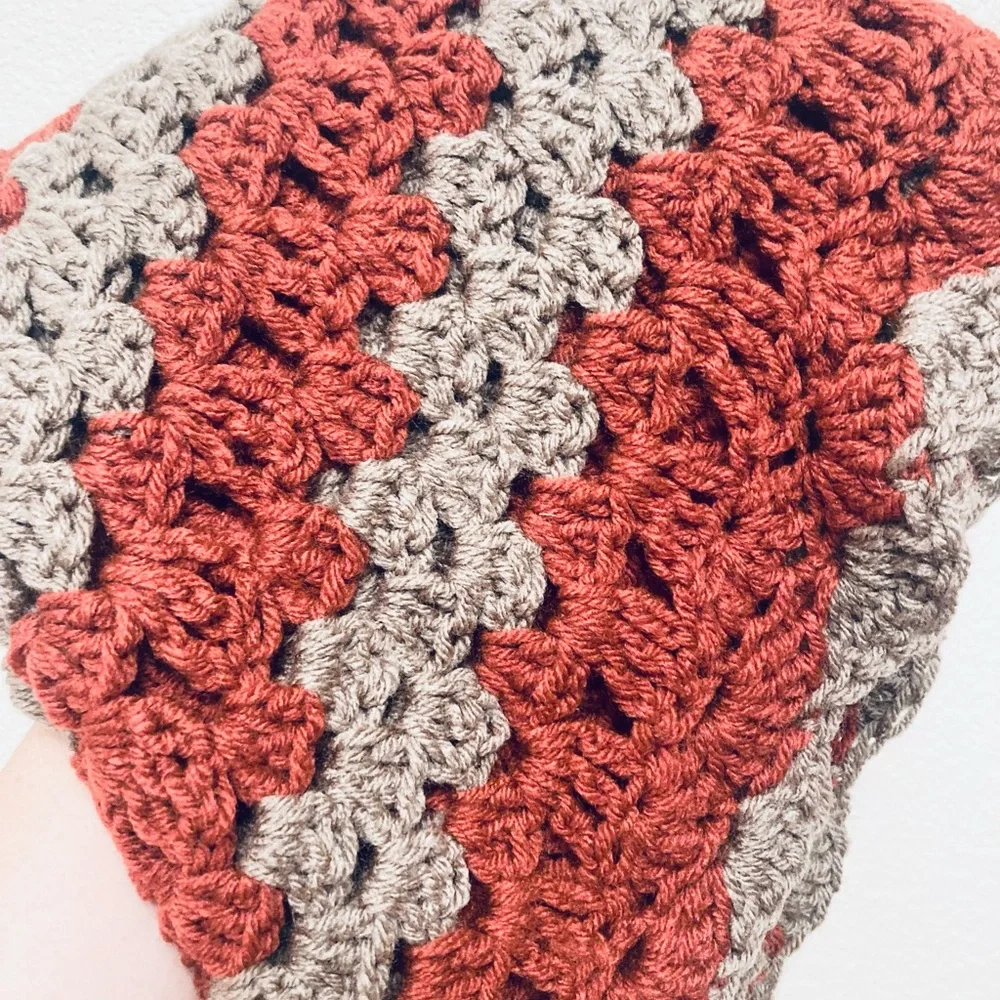 Vintage hand made retro burnt orange and grey knitted crochet granny table cover